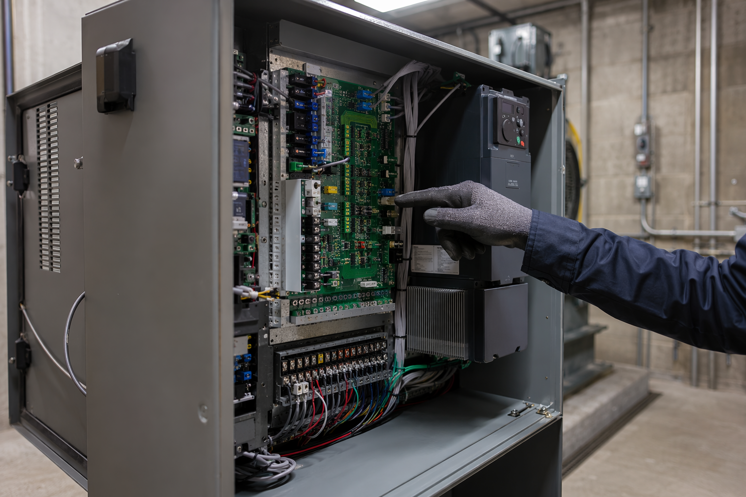 Open elevator controller cabinet showing microprocessor controls and variable-frequency drive in a Scottsdale AZ machine room, illustrating the electrical cost category of elevator modernization