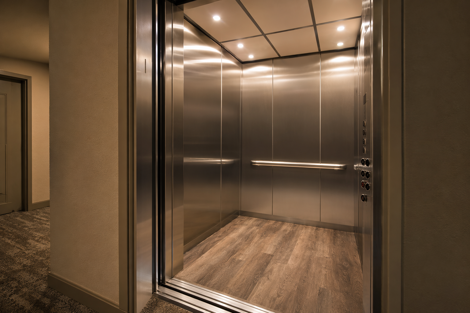 Newly modernized elevator cab interior with stainless-steel panels, LED ceiling, ADA button panel, and new flooring in a Mesa AZ residential building showing cab finish cost category