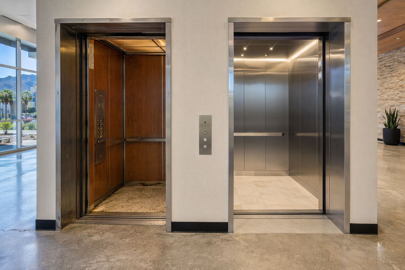 Side-by-side comparison of an older elevator cab and a modernized elevator cab in a Phoenix AZ commercial office building lobby, illustrating modernization vs replacement cost differences.
