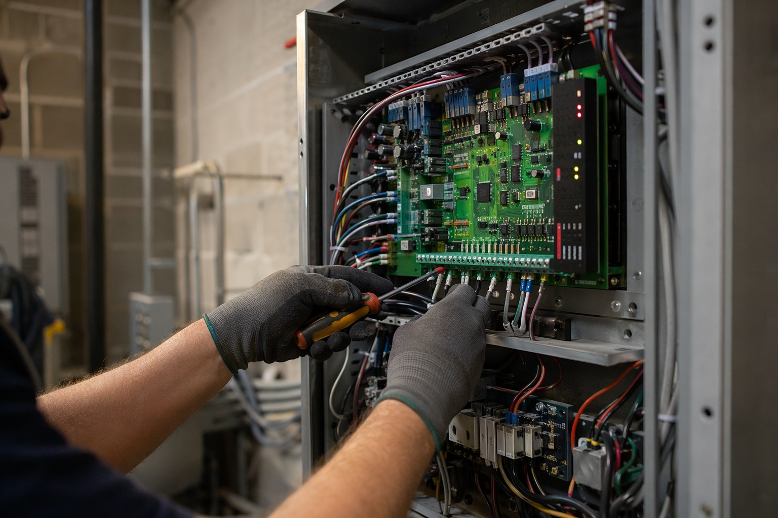 IUEC-certified elevator technician upgrading a controller cabinet during an elevator modernization in a Scottsdale AZ commercial building machine room, a key cost driver in modernization projects.