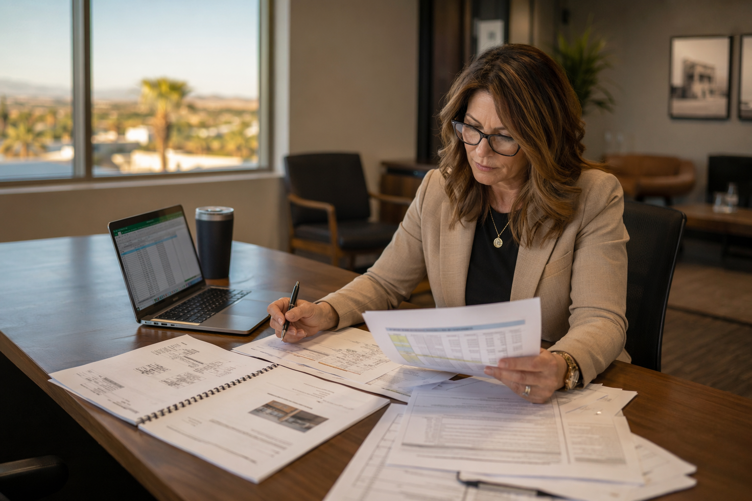 Building manager in Mesa AZ reviewing elevator modernization versus full replacement cost comparison bids and budget documents at a conference table.