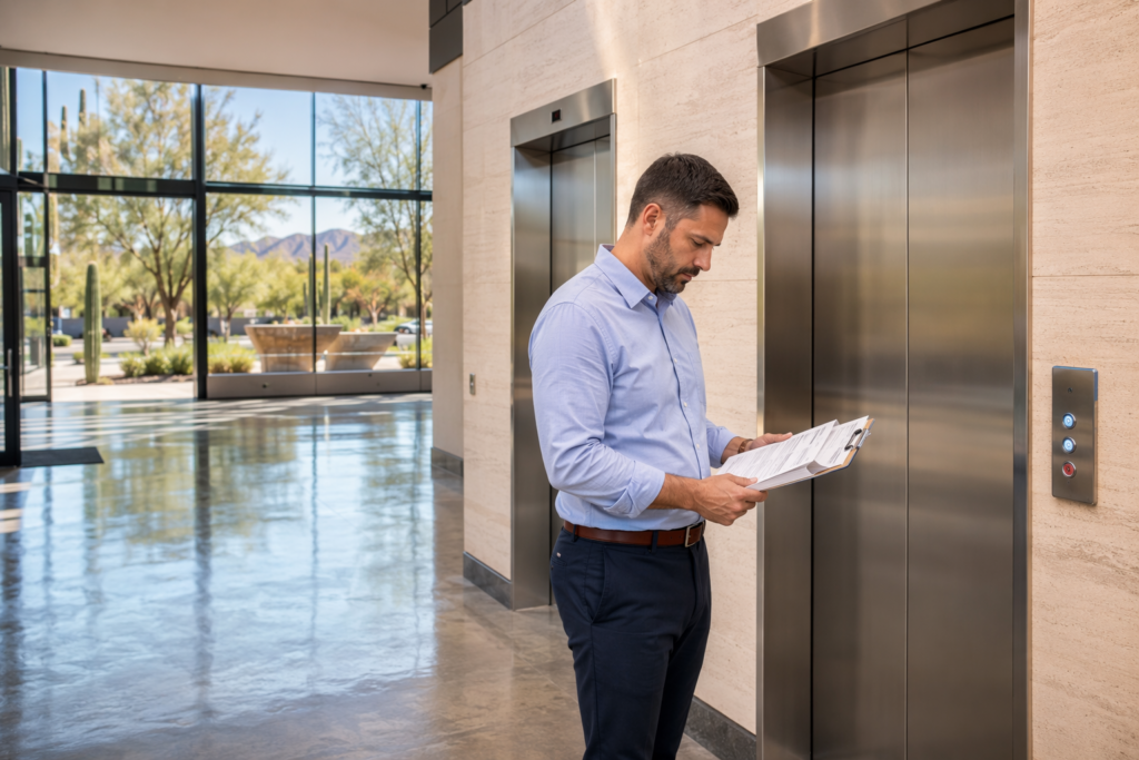 Building manager reviewing elevator safety code compliance inspection report in a Phoenix AZ commercial office lobby beside stainless-steel elevator doors