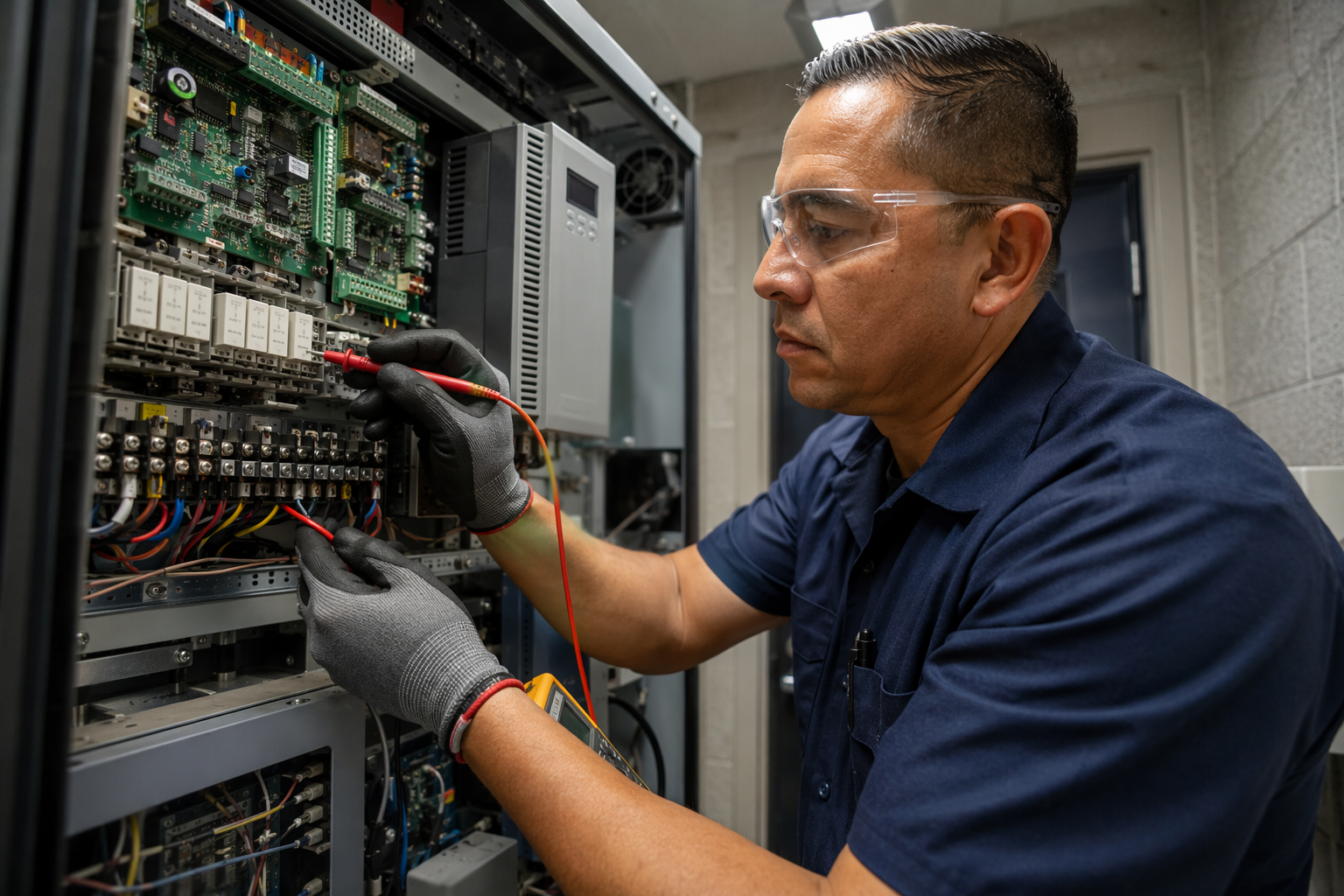 Licensed elevator technician inspecting traction elevator controller cabinet inside a Phoenix AZ machine room for ASME A17.1 safety code compliance