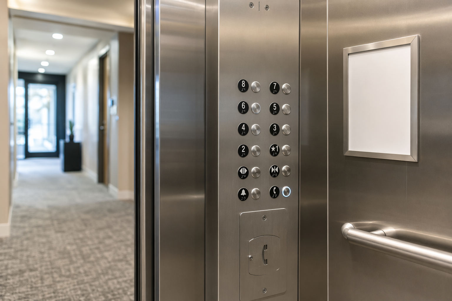 ADA-compliant elevator cab interior with updated LED lighting and braille button panel in a Scottsdale AZ commercial building meeting elevator safety code standards