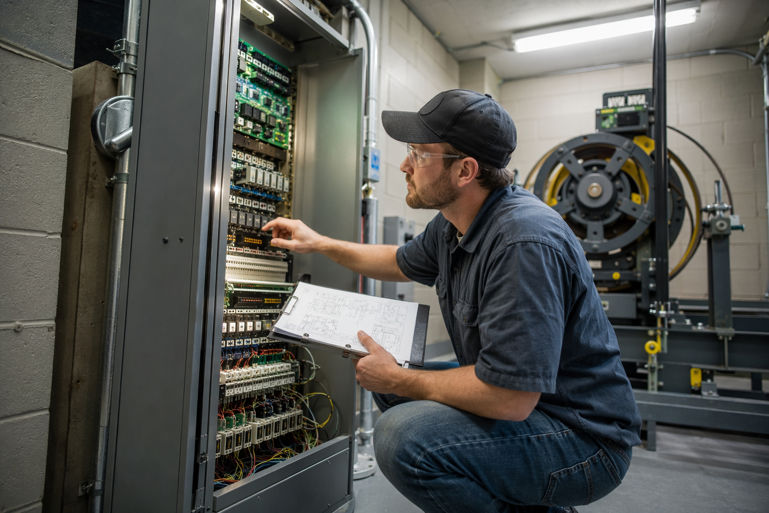 Licensed elevator technician servicing a traction elevator controller in a Phoenix AZ machine room, demonstrating multi-brand independent service capability.