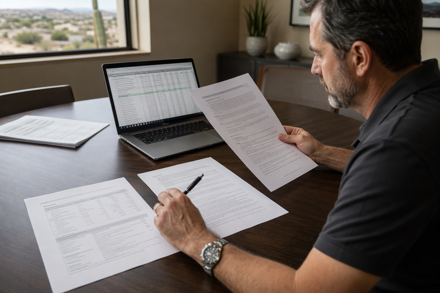 Scottsdale AZ building manager comparing elevator OEM manufacturer service contract versus independent elevator service company agreement at office desk.