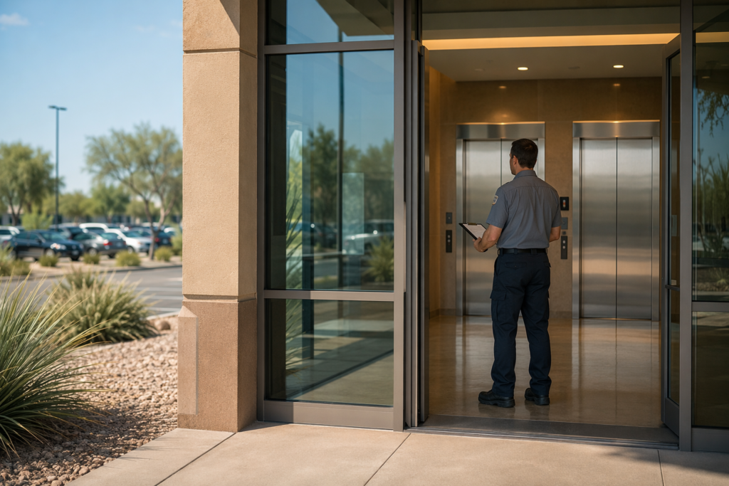 Certified elevator service technician in Mesa AZ commercial building lobby standing before stainless-steel elevator doors, ready to perform scheduled maintenance.