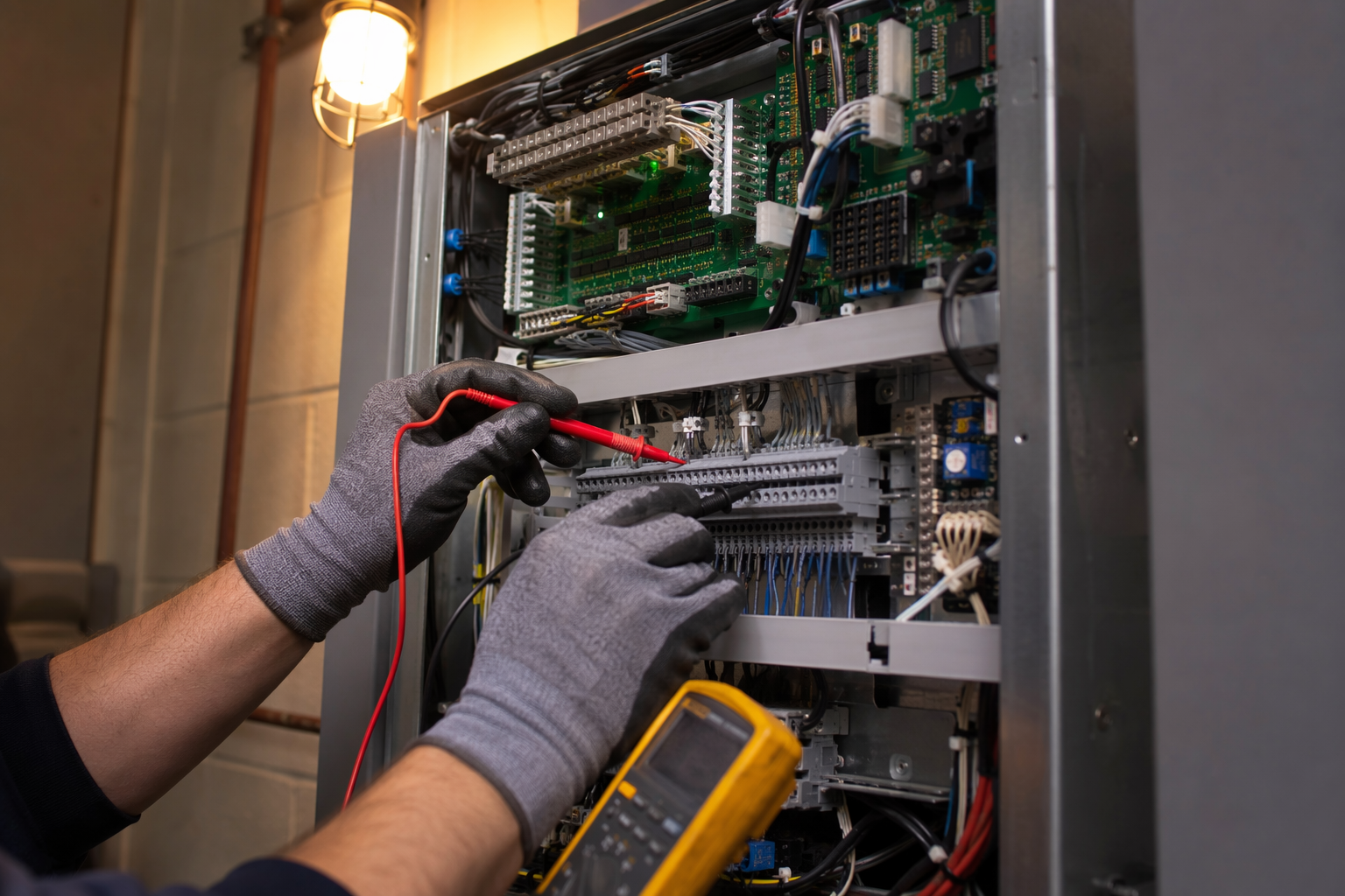 Elevator technician testing controller cabinet wiring with a multimeter during a preventive maintenance service call at a Mesa AZ commercial property.