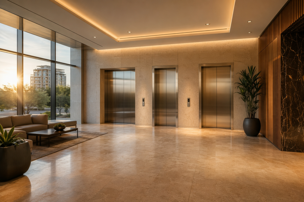Polished travertine lobby with three stainless-steel elevator doors in a Scottsdale AZ luxury high-rise served by elevator service professionals.