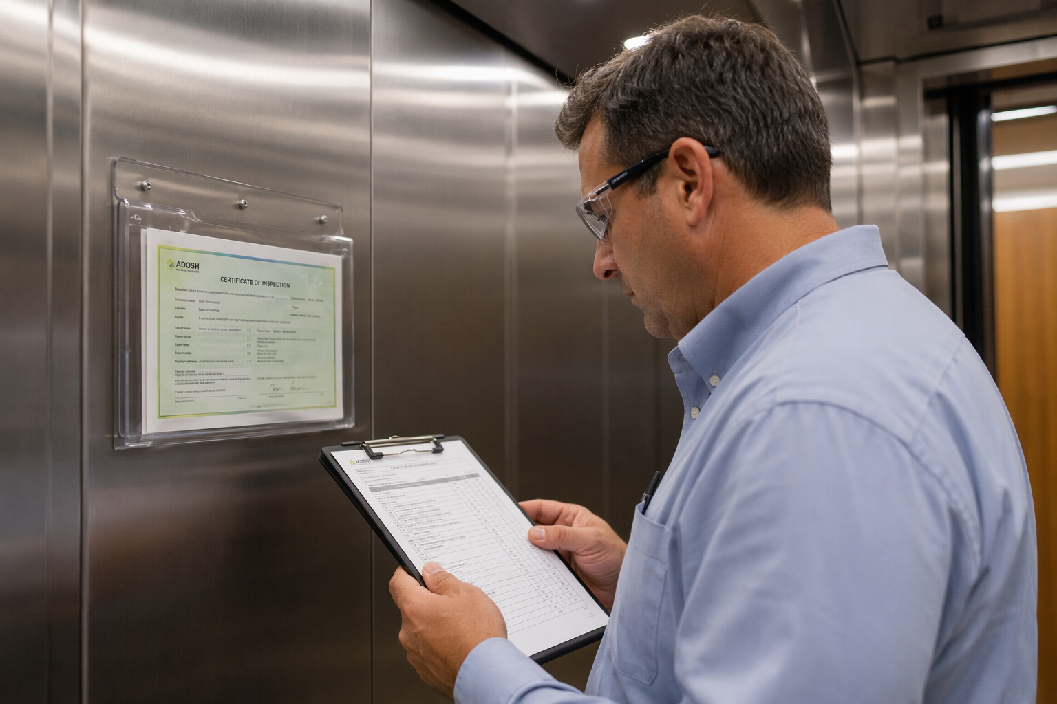 Elevator inspector reviewing ADOSH compliance certificate and inspection checklist inside a commercial elevator cab in Scottsdale AZ.