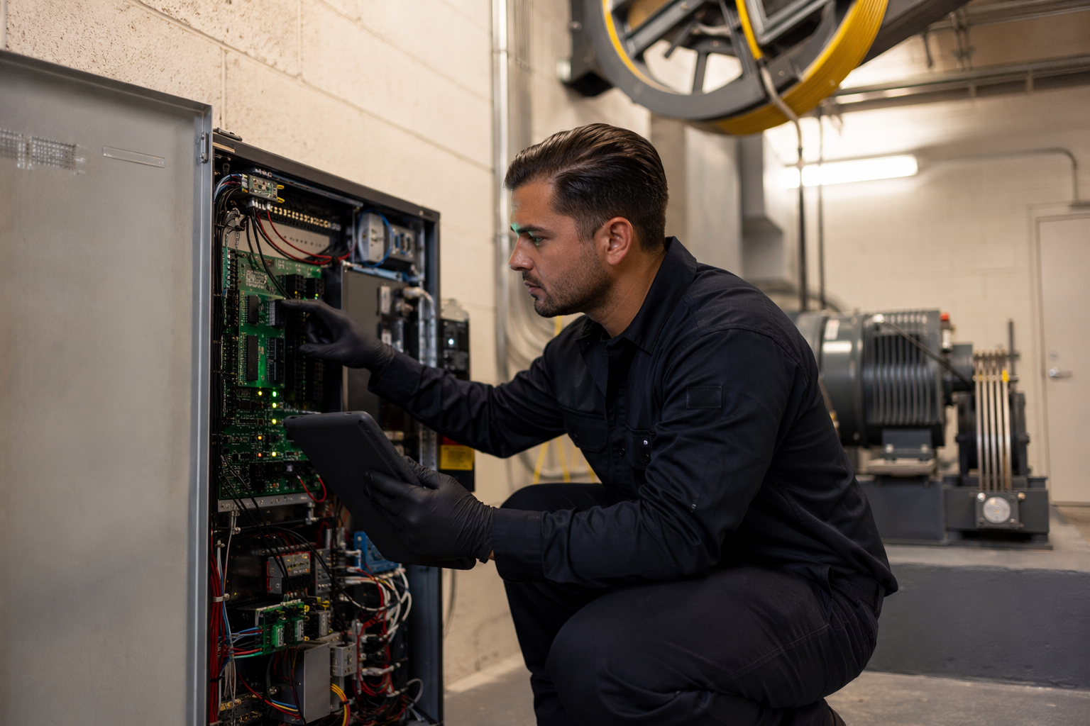 IUEC-certified elevator technician diagnosing a drive controller in a commercial elevator machine room during a service call in Scottsdale AZ.