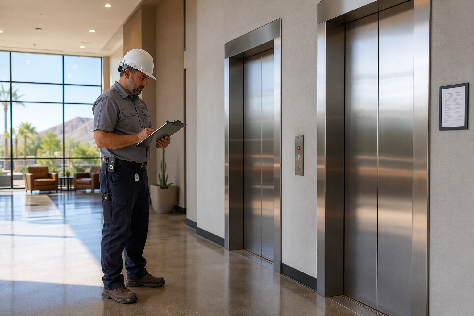 IUEC-certified elevator technician reviewing inspection clipboard beside stainless-steel elevator doors inside a Tucson, AZ commercial building lobby — elevator service Tucson AZ