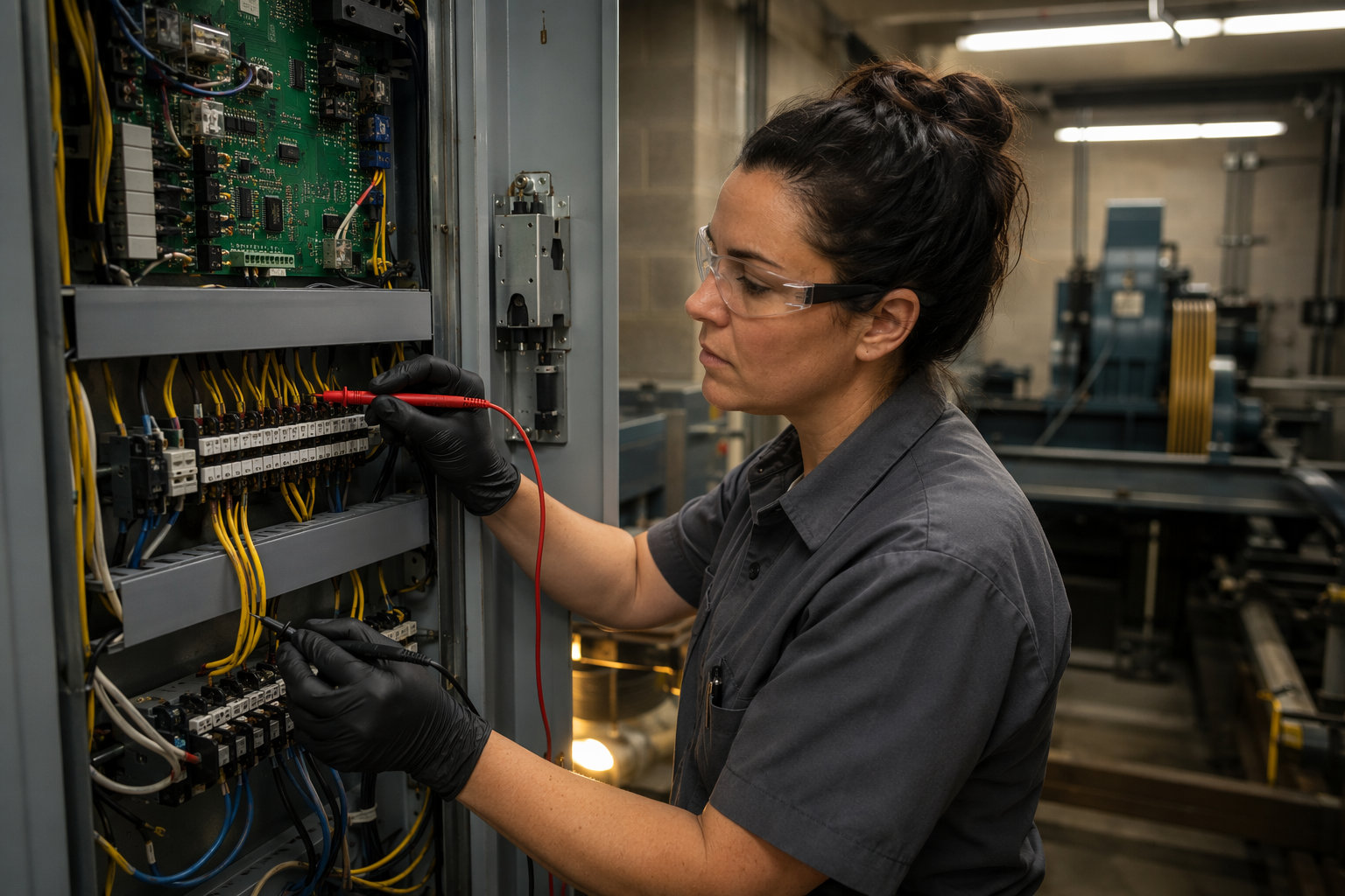 Licensed elevator mechanic testing traction elevator controller components inside a machine room during a code compliance inspection in Tucson, AZ