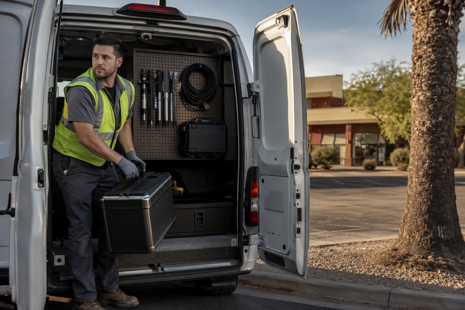 Elevator repair technician unloading emergency service tools from a service van in Tucson, AZ, responding to a 24/7 elevator breakdown call in the greater Tucson metro area