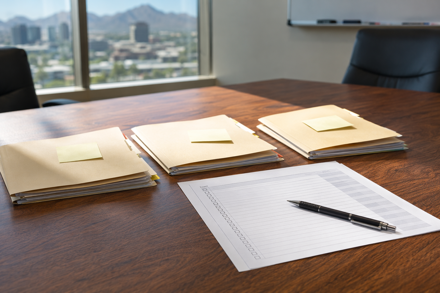 Comparing Elevator Provider Options Side-by-side elevator service provider comparison folders and checklist on conference table during facility manager evaluation process in Scottsdale AZ office