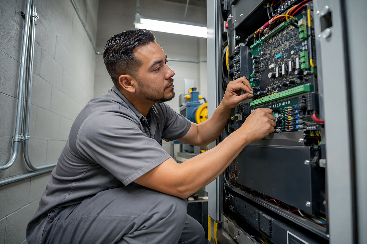 Elevator Machine Room Service Inspection Licensed elevator service technician inspecting machine room controller panel in Mesa AZ commercial building during routine maintenance visit