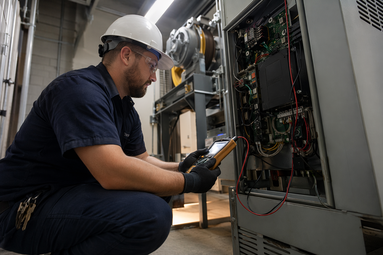 Certified elevator technician diagnosing fault codes on a traction machine controller in a Mesa AZ machine room after responding to an elevator stuck between floors service call.