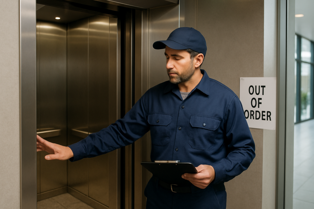 Certified elevator technician inspecting an out-of-service elevator in a commercial building lobby with an out-of-order sign posted at the landing entrance