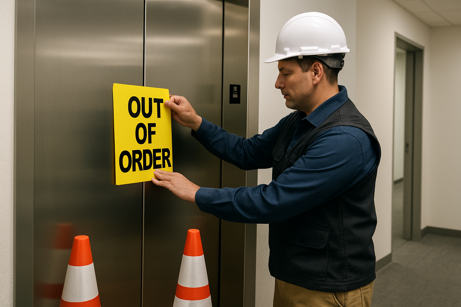 Building manager posting an out-of-order sign on an elevator door and placing safety cones to secure the landing during an elevator out-of-service situation