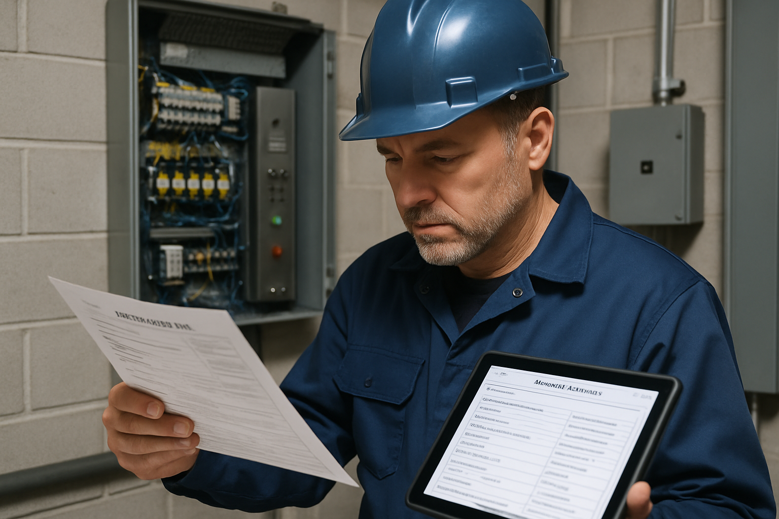 Elevator technician reviewing Arizona ADOSH compliance inspection records and outage documentation in a building mechanical room during an elevator out-of-service incident