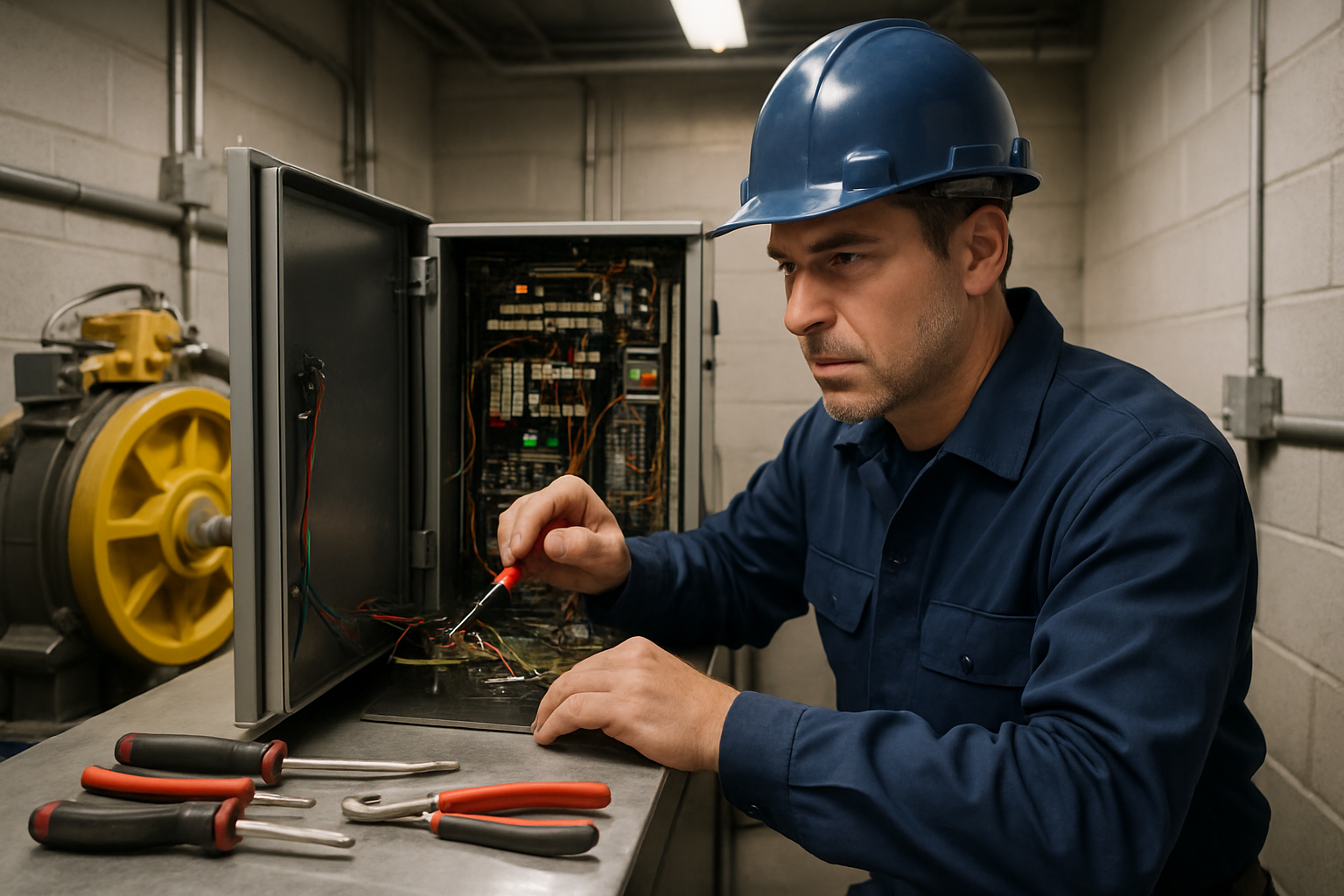 Emergency Elevator Repair Phoenix – Technician On-Site Certified elevator technician performing emergency elevator repair in a Phoenix commercial building machine room, with control panel open and diagnostic tools ready.