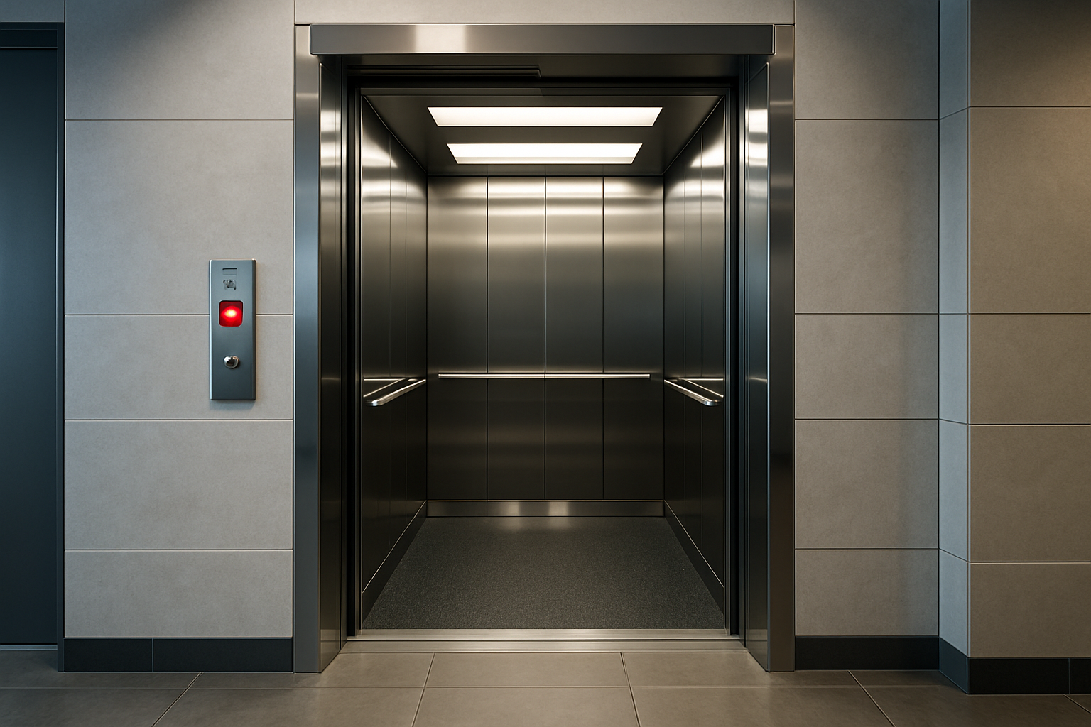 Elevator Emergency Stop – Out-of-Service Condition Commercial elevator with emergency stop button illuminated in a Phoenix office building, indicating an out-of-service condition requiring immediate emergency elevator repair.