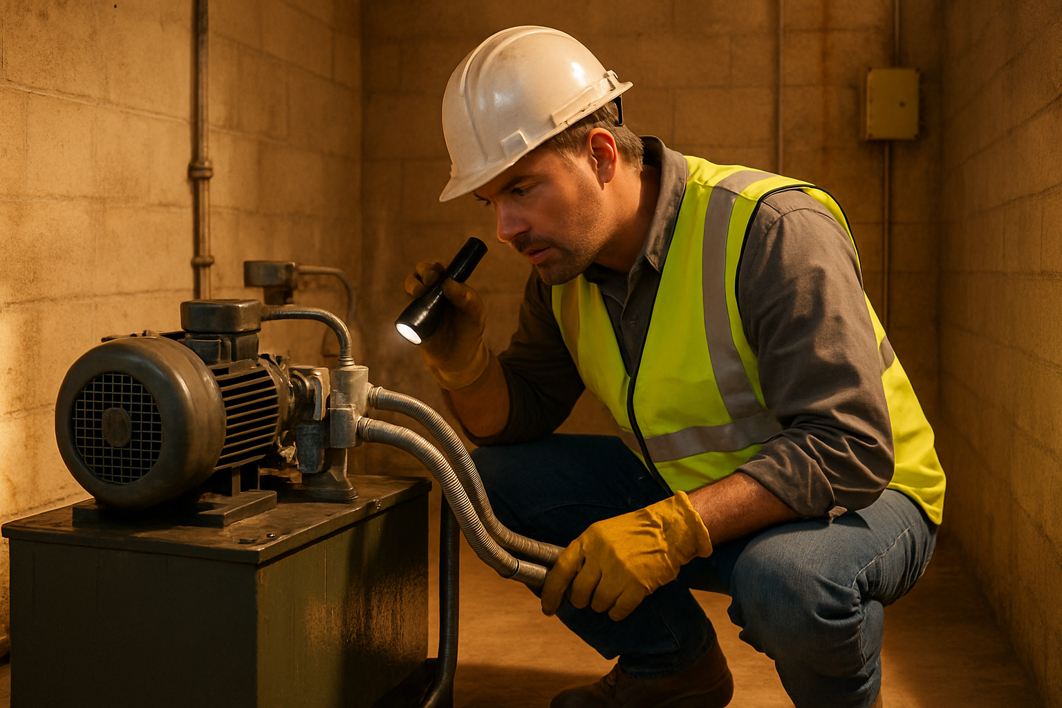 Hydraulic Elevator Inspection During Phoenix Heat Emergency Elevator technician inspecting hydraulic fluid lines during emergency elevator repair in a Phoenix building machine room, where summer heat commonly causes hydraulic system failures.