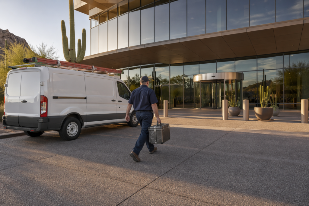 Emergency elevator repair technician arriving at a Scottsdale AZ commercial building with service van and toolbox for urgent elevator service call
