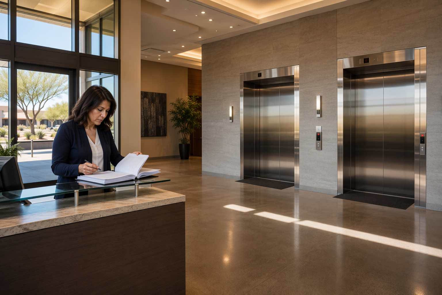 Phoenix building manager reviewing a full maintenance vs oil and grease elevator service contract in a mid-rise commercial lobby with stainless steel elevator doors.