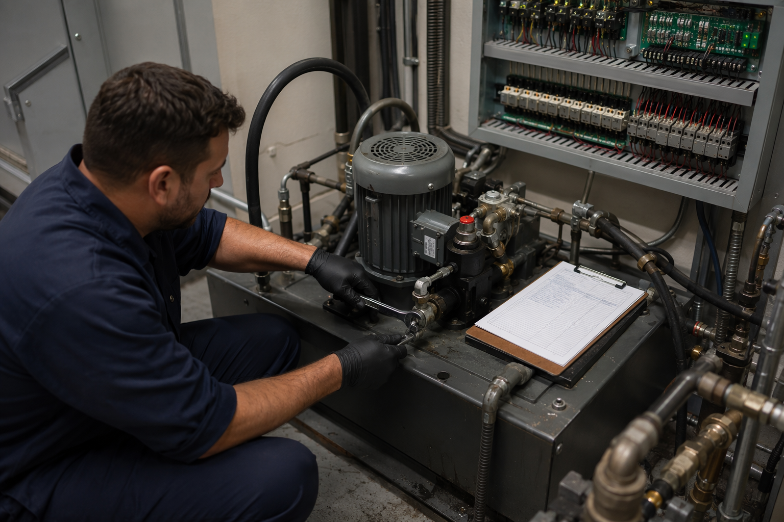 Elevator technician servicing hydraulic power unit components inside a Phoenix AZ machine room under a full maintenance service contract.