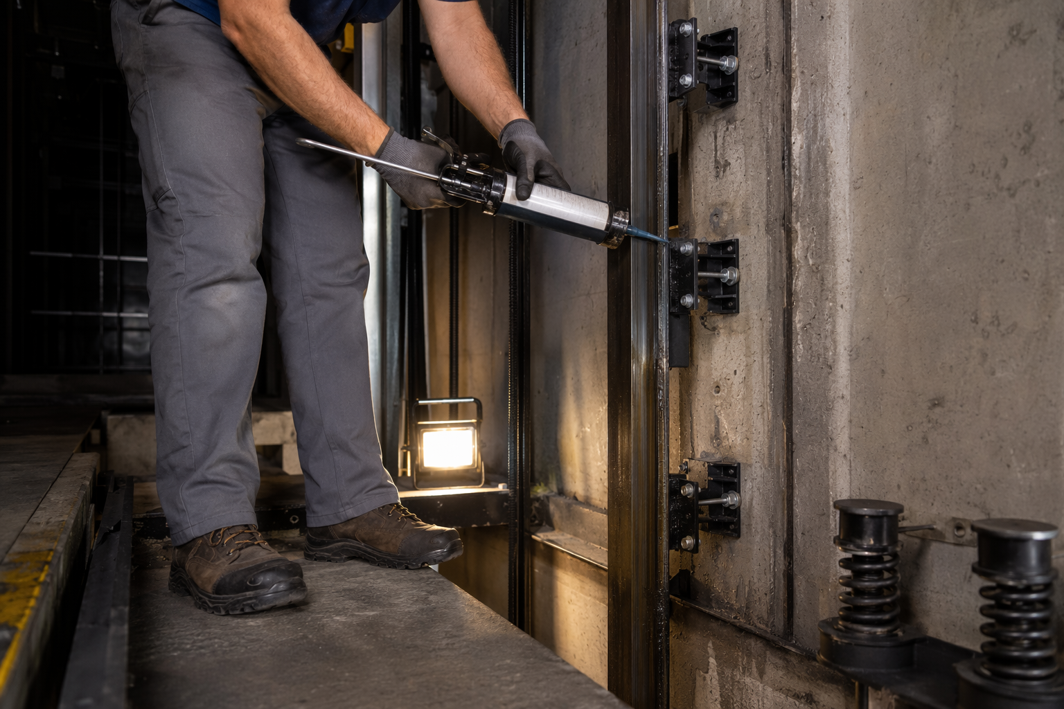 Elevator technician lubricating hoistway guide rails during an oil and grease contract visit at a Scottsdale AZ commercial building.