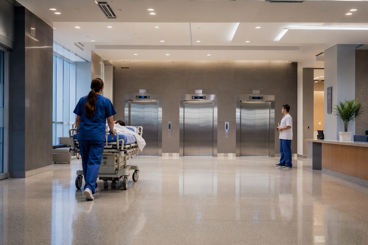 Hospital elevator bank in Phoenix AZ with stainless-steel doors, digital floor indicators, and a nurse pushing a patient gurney — illustrating hospital elevator requirements and maintenance.