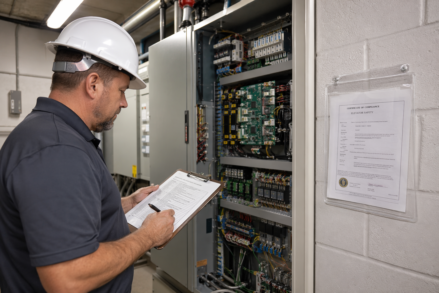 Elevator inspector reviewing ASME A17.1 compliance documentation beside a hospital elevator machine room controller in Arizona, showing code inspection requirements.