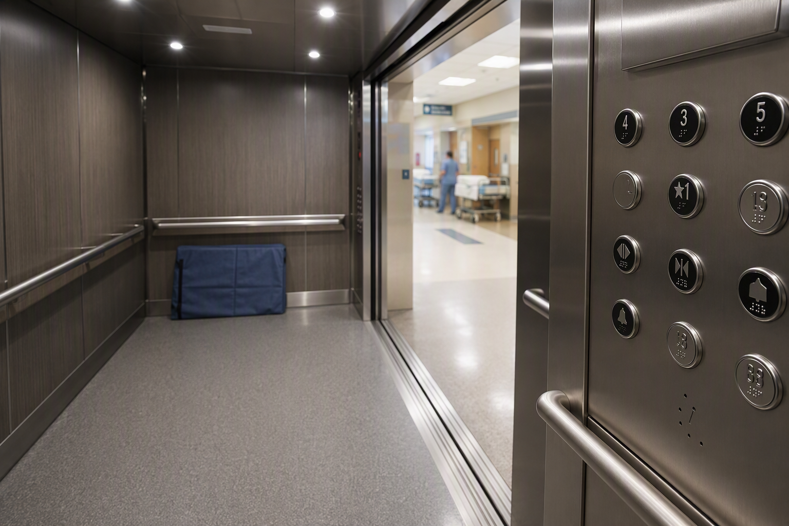 Interior of a large-capacity hospital elevator cab in Arizona showing ADA-compliant Braille controls, stainless handrails, and stretcher-accommodating dimensions.