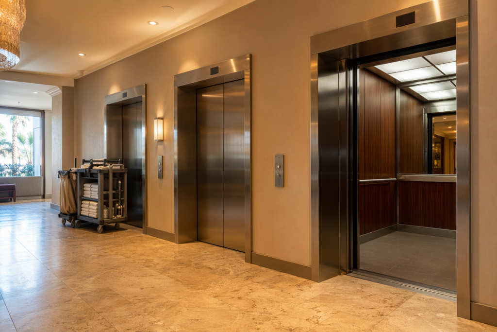 Hotel elevator lobby in Phoenix AZ showing three stainless-steel elevator doors and an open cab interior, illustrating hotel elevator maintenance best practices
