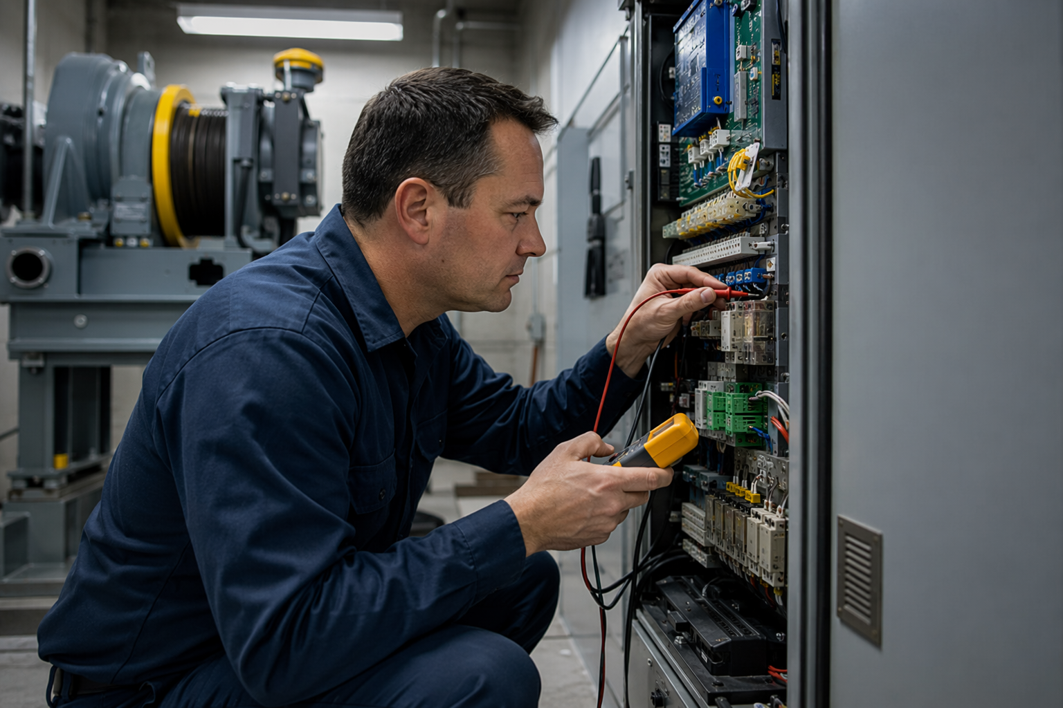 Elevator technician inspecting a hotel elevator controller cabinet in a machine room in Scottsdale AZ as part of a preventive maintenance program
