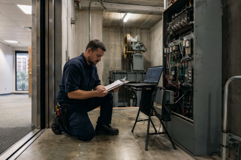 Certified elevator technician reviewing diagnostic report in a Phoenix office building machine room, illustrating how fast an elevator can be repaired.