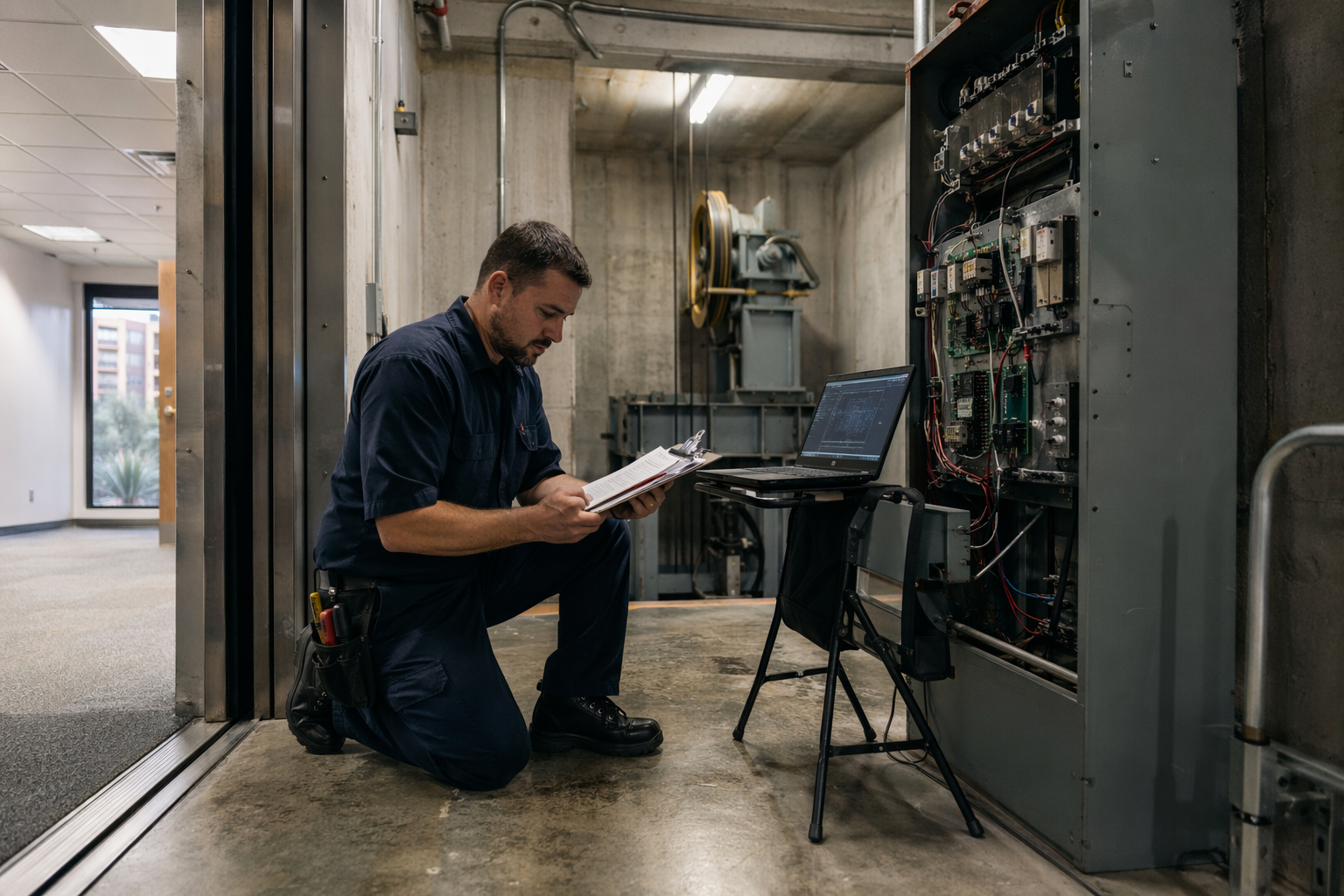 Certified elevator technician reviewing diagnostic report in a Phoenix office building machine room, illustrating how fast an elevator can be repaired.