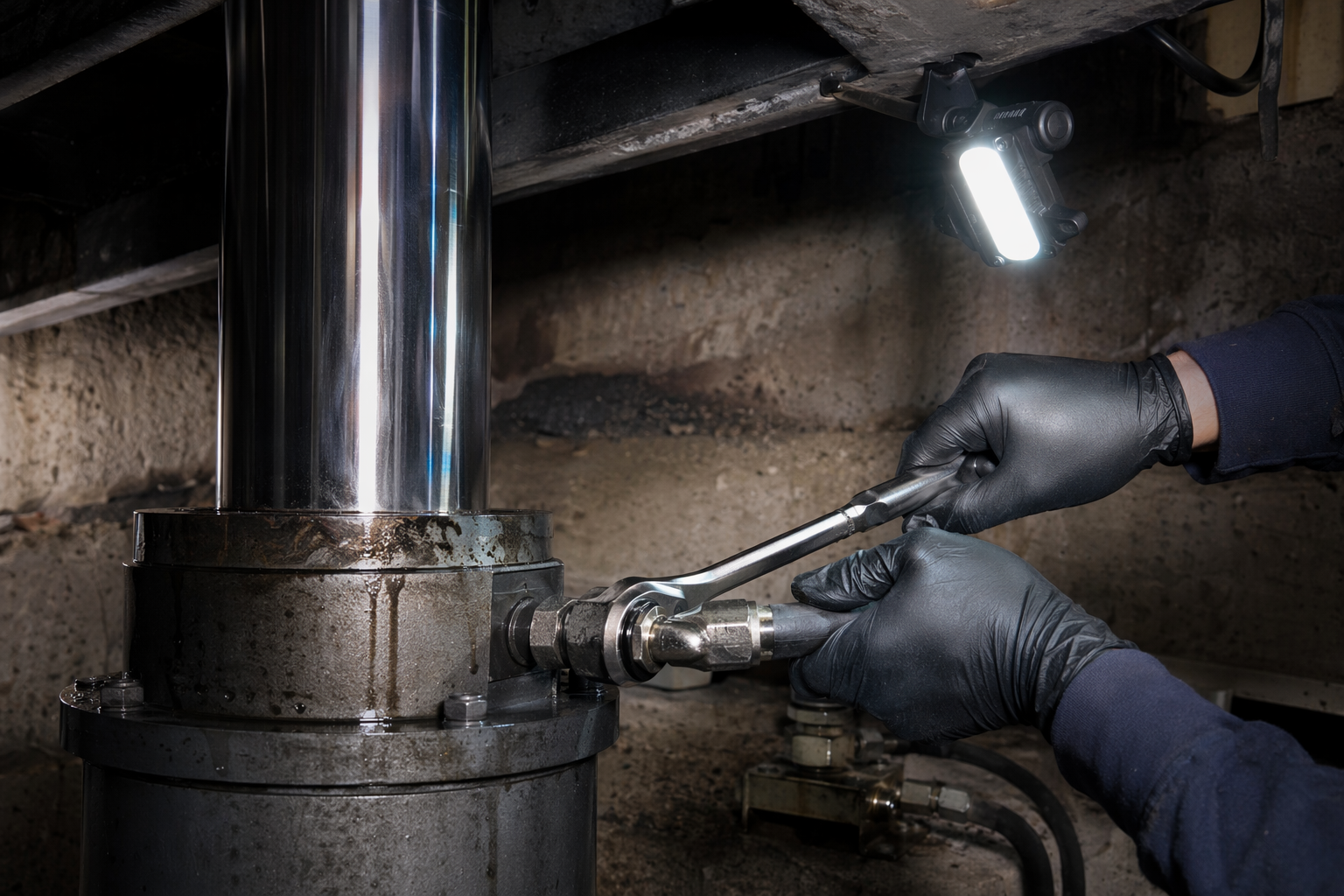 Elevator technician replacing hydraulic cylinder seals in a Tucson low-rise building, a common repair taking 4 to 8 hours for hydraulic elevators.