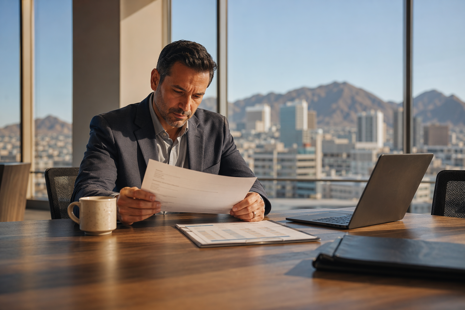 Building manager reviewing elevator maintenance cost contract and annual pricing breakdown at a desk in a Phoenix AZ commercial office building, 2026.