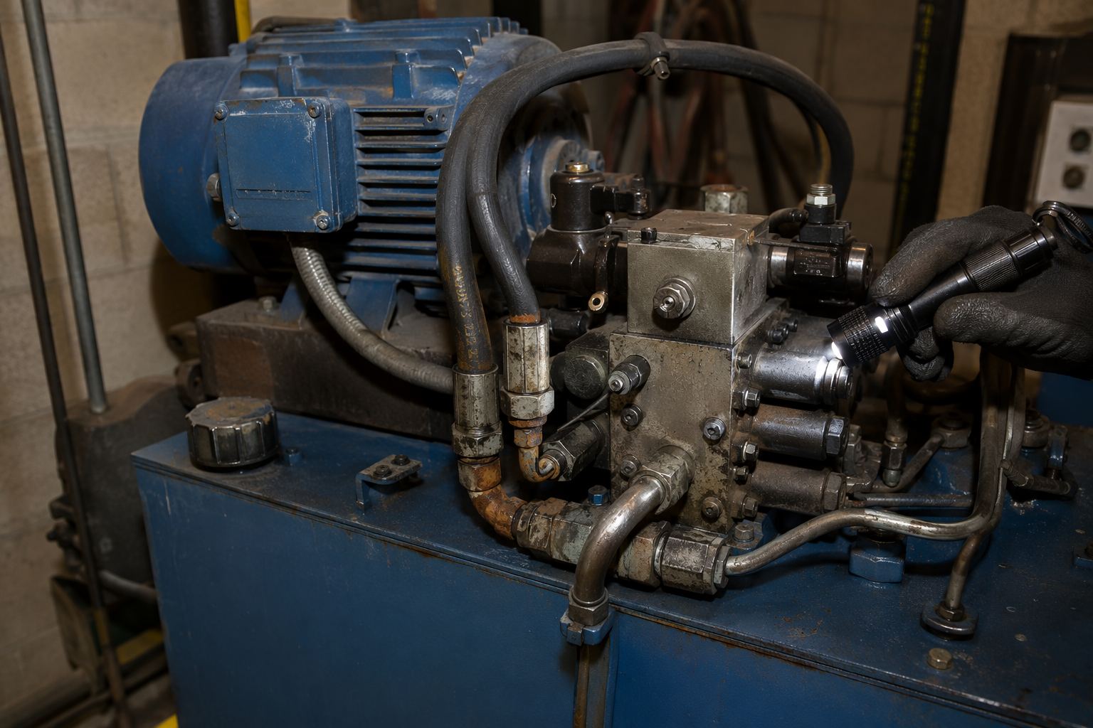 Hydraulic elevator power unit in Arizona machine room showing fluid reservoir and valve manifold, key cost factors in elevator maintenance pricing.