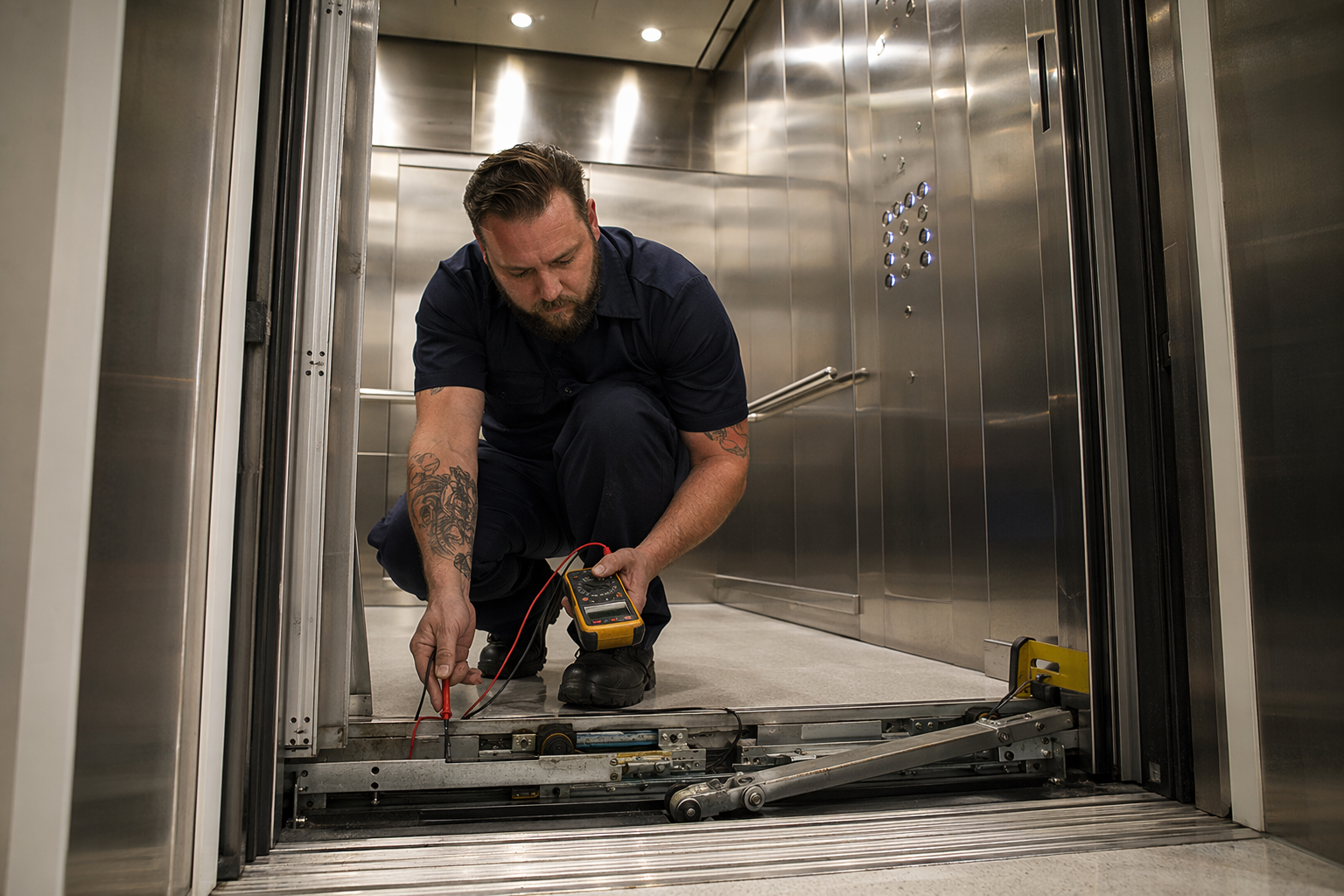 Elevator technician testing door operator mechanism inside a commercial elevator cab in Scottsdale AZ under a full-service maintenance contract.