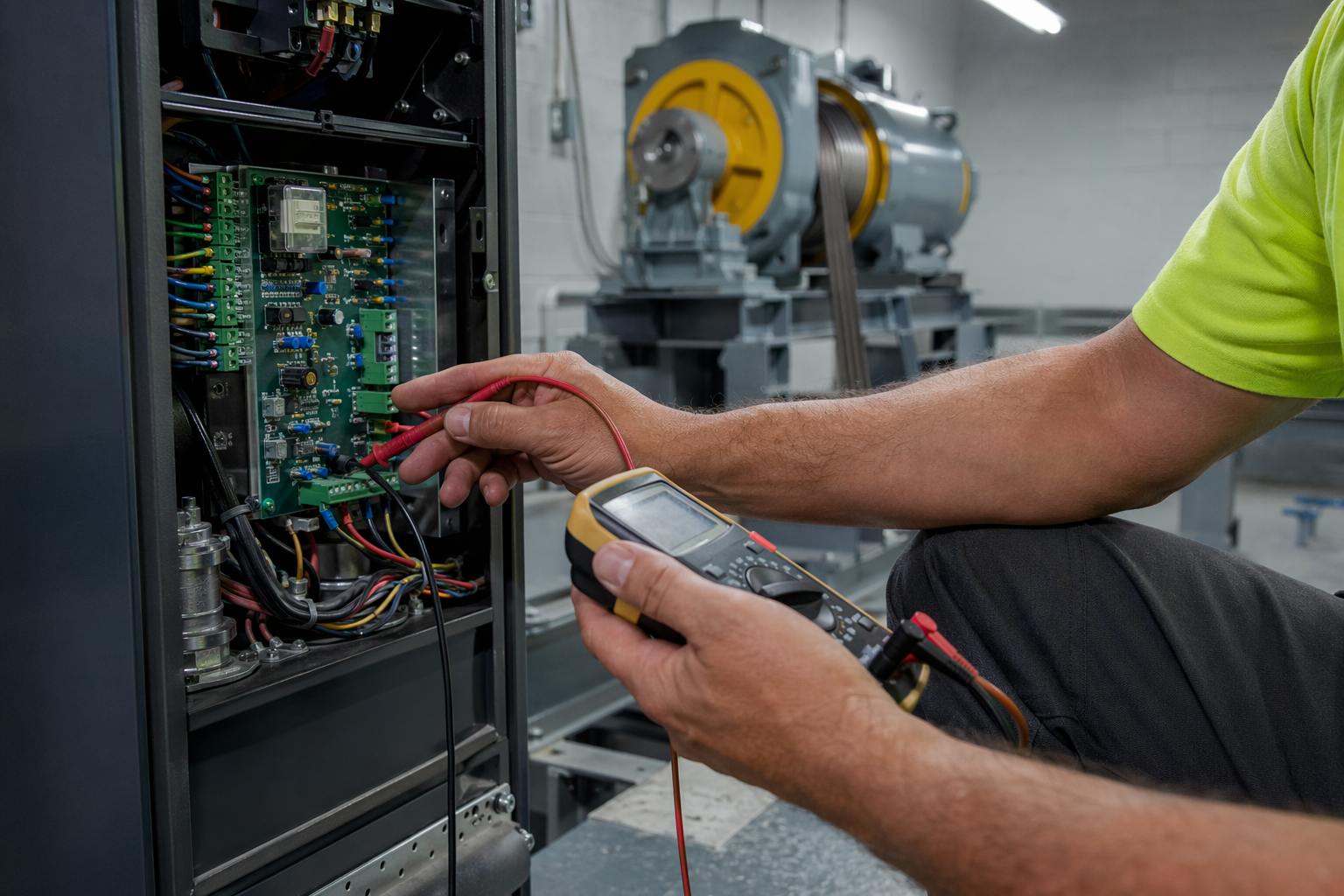 Elevator technician testing controller wiring with a multimeter during a routine maintenance visit inside a commercial elevator machine room in Arizona