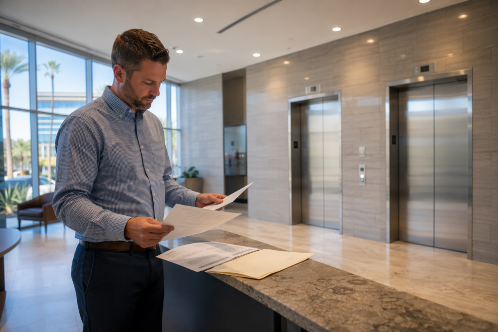 Facilities manager reviewing elevator service company contract and insurance certificates in a Phoenix AZ commercial office building lobby with stainless steel elevator doors in background