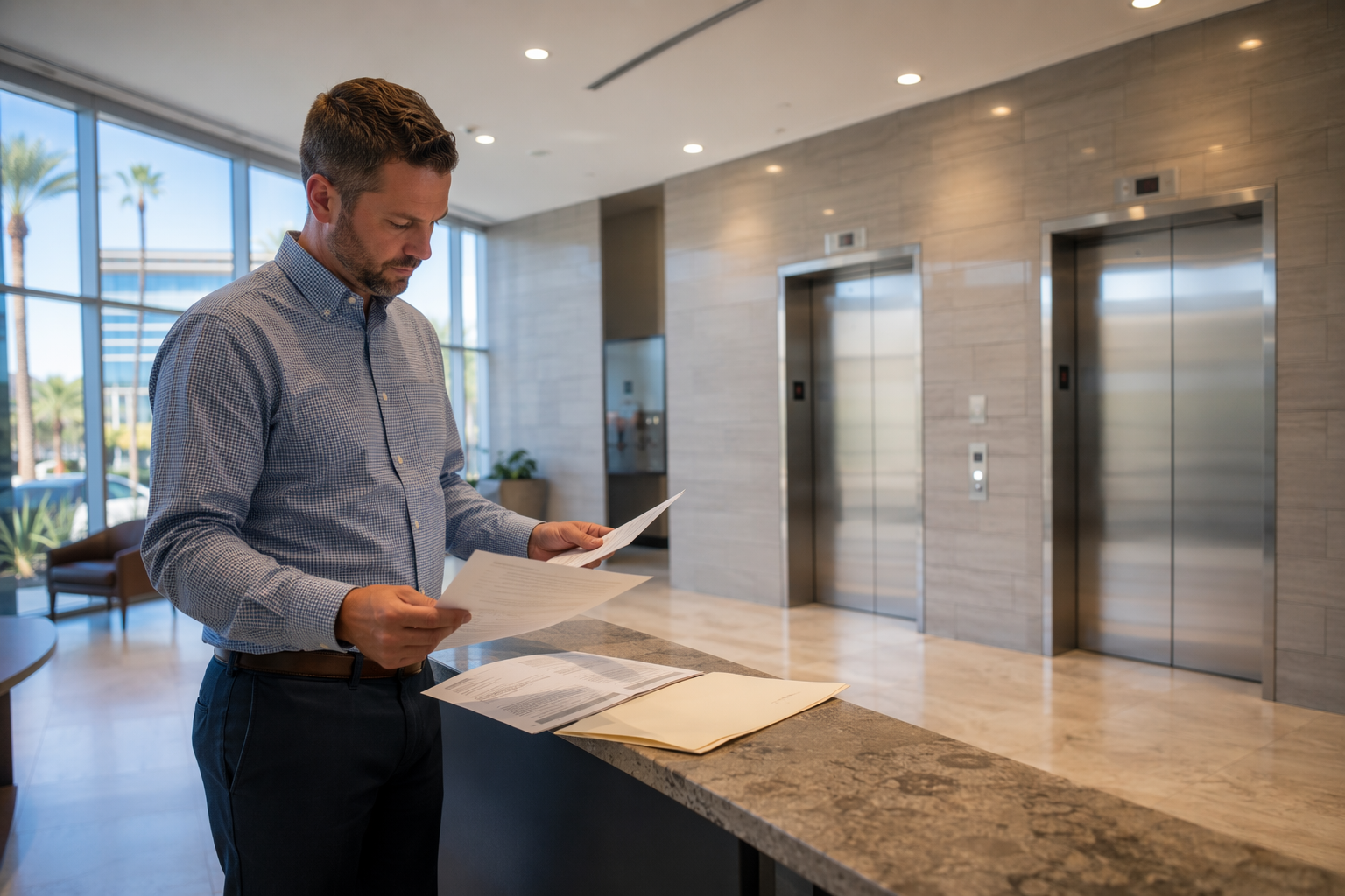 Evaluating an Elevator Service Company: Contract and Credentials Review Facilities manager reviewing elevator service company contract and insurance certificates in a Phoenix AZ commercial office building lobby with stainless steel elevator doors in background