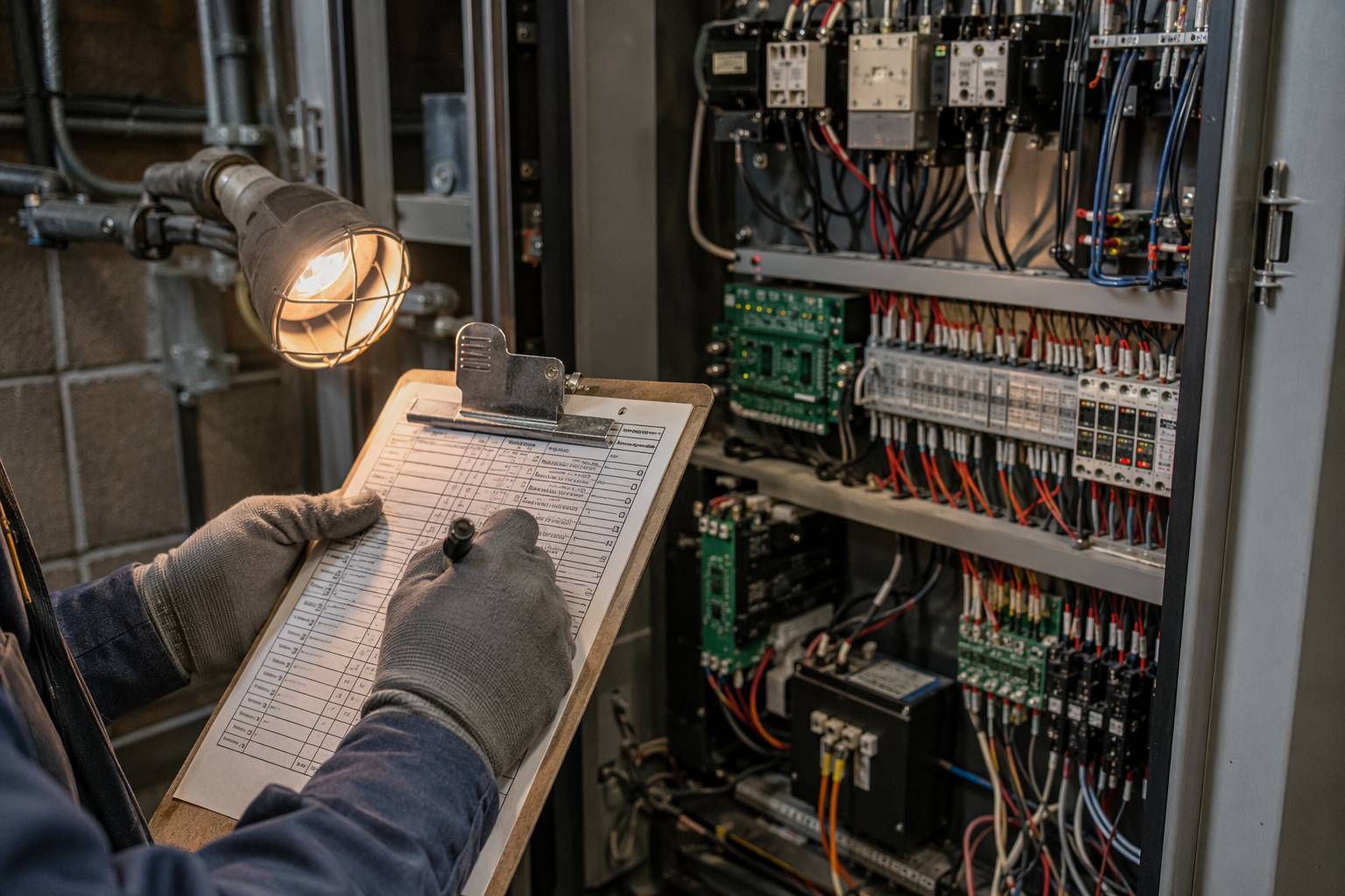 ASME A17.1 Compliance Documentation in an Elevator Machine Room Certified elevator technician documenting ASME A17.1 code-required maintenance log inside a commercial elevator machine room in Scottsdale AZ