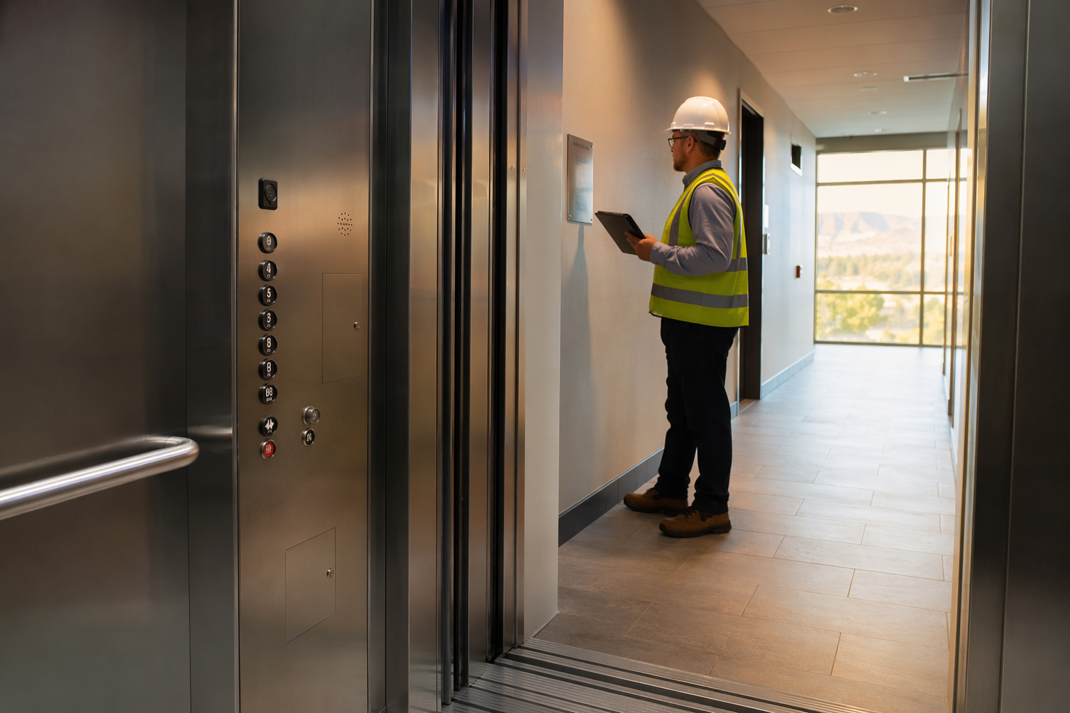 ADA Elevator Compliance Inspection in a Tucson Commercial Building Building inspector examining ADA-compliant elevator cab control panel and hoistway compliance placard in a Tucson AZ commercial building during elevator service evaluation