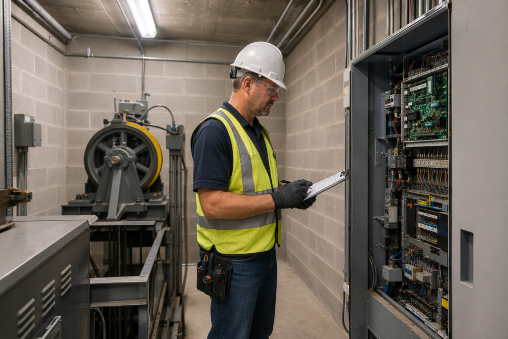 Certified elevator inspector reviewing maintenance records in a Phoenix AZ machine room before an annual elevator inspection, checking controller cabinet compliance.