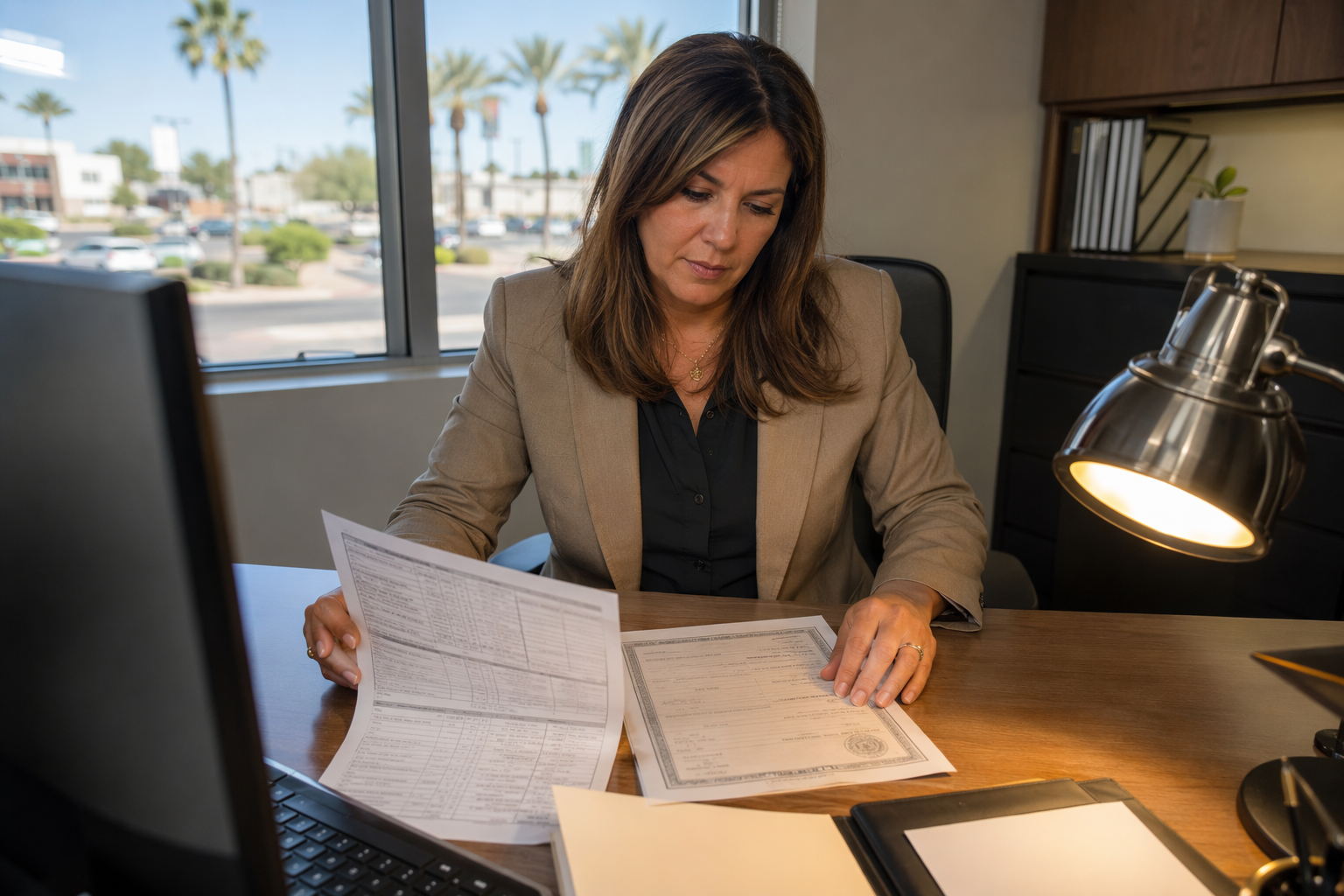 Building manager in Mesa AZ reviewing elevator maintenance logs and certificate of operation to prepare documentation for an upcoming elevator inspection.