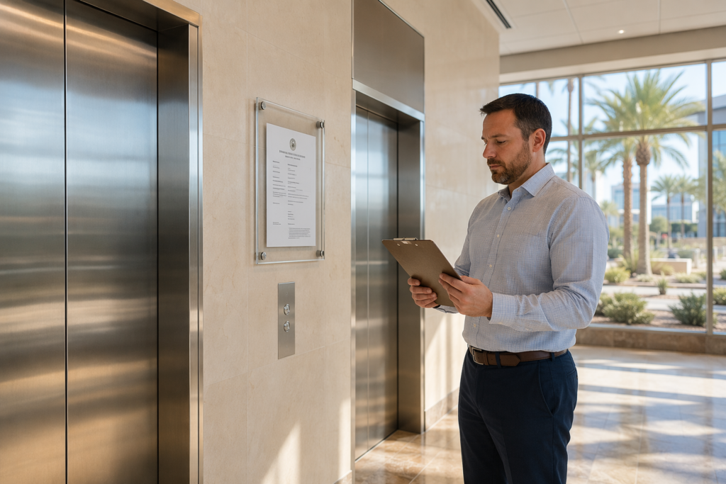 Building manager reviewing elevator maintenance documents next to inspection certificate posted in Phoenix AZ commercial office lobby, illustrating how to switch elevator maintenance company